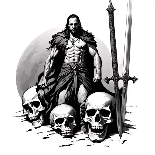 Man With Sword Standing On Skulls
