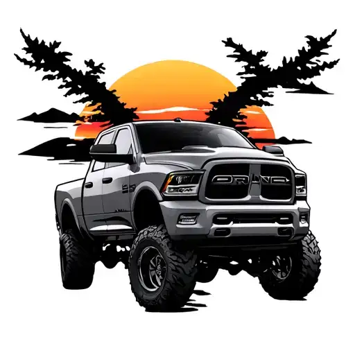 Lifted Ram Truck In A Sunset