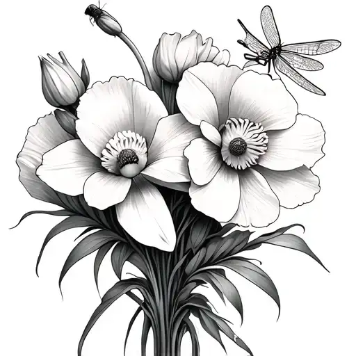 Poppy And Daffodil Bouquet With A Little Dragonfly