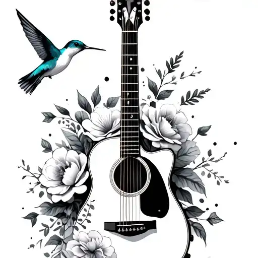 Guitar With Flowers With A Flying Hummingbird