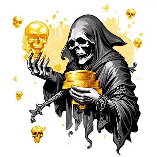 Grim Reaper Holding Pirate Gold With Abstract Skulls