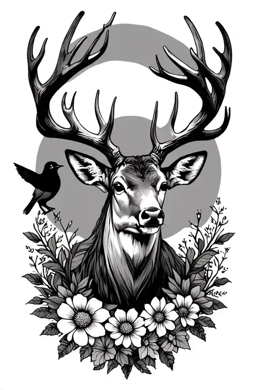 Draw Me A Line Tattoo With A Buck With Flowers At The Bottom With A Bird On The Antler