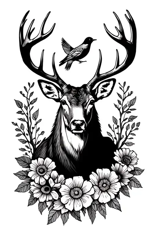 Draw Me A Line Tattoo With A Buck With Flowers At The Bottom With A Bird On The Antler
