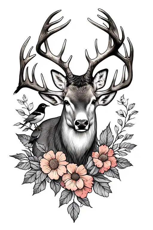 Draw Me A Line Tattoo With A Buck With Flowers At The Bottom With A Bird On The Antler