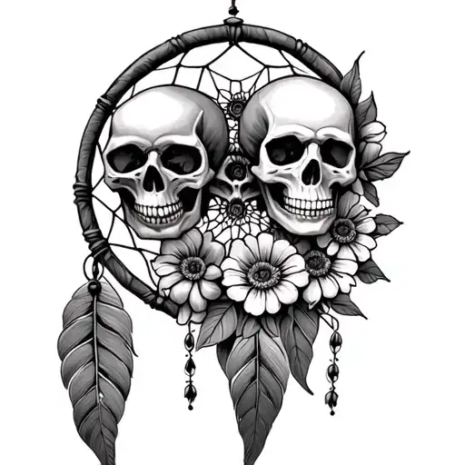 4 Skulls In A Dream Catcher With Flowers