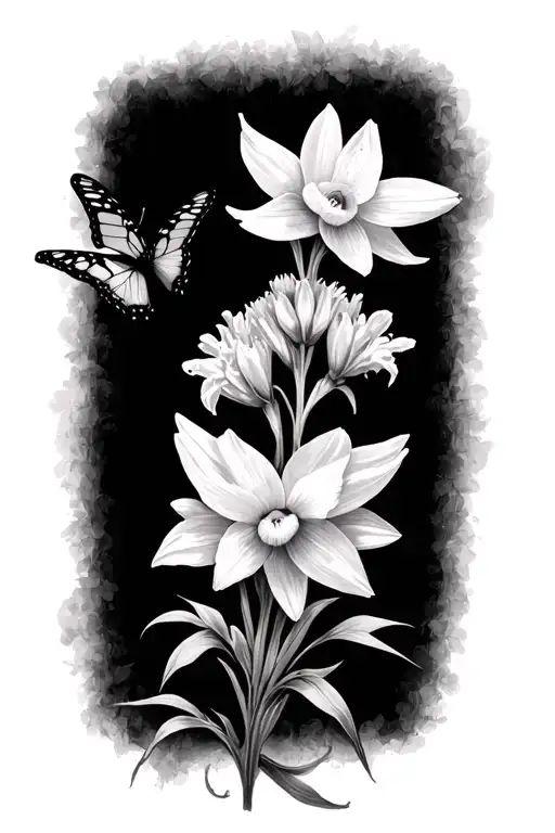Narcissus And Larkspur With 2 Butterflies Flying