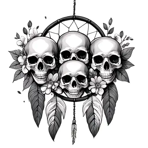 4 Skulls In A Dream Catcher With Flowers