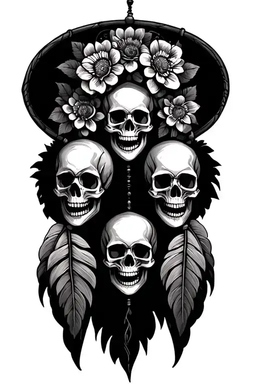 4 Skulls In A Dream Catcher With Flowers