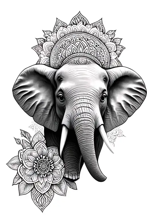 Baby Elephant Head With Mandala Design Incorporating Elements