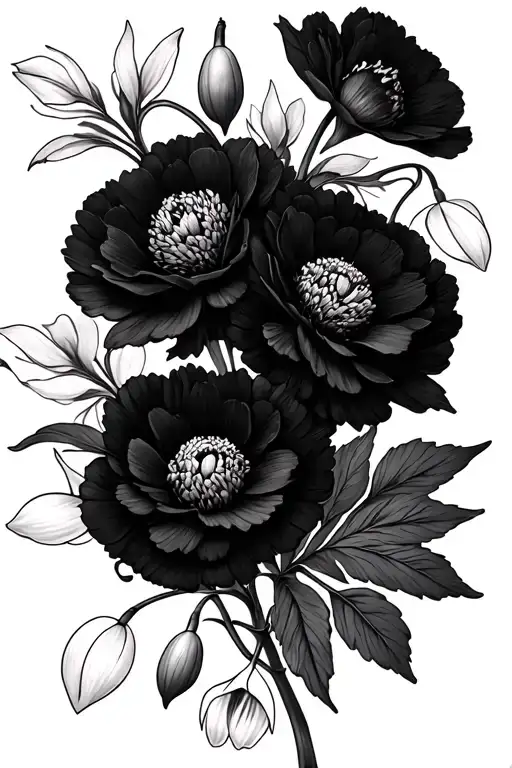 Carnations And Snowdrops Black And White Vertical Tattoo Multiple Little Ones