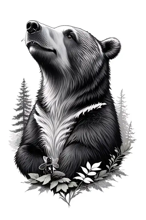 Bear Looking Up And There Is A Bee On The Bears Nose Nature Surrounds Them