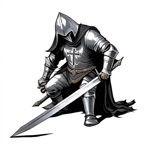 Knight Templar Holding A Sword And Bend Down