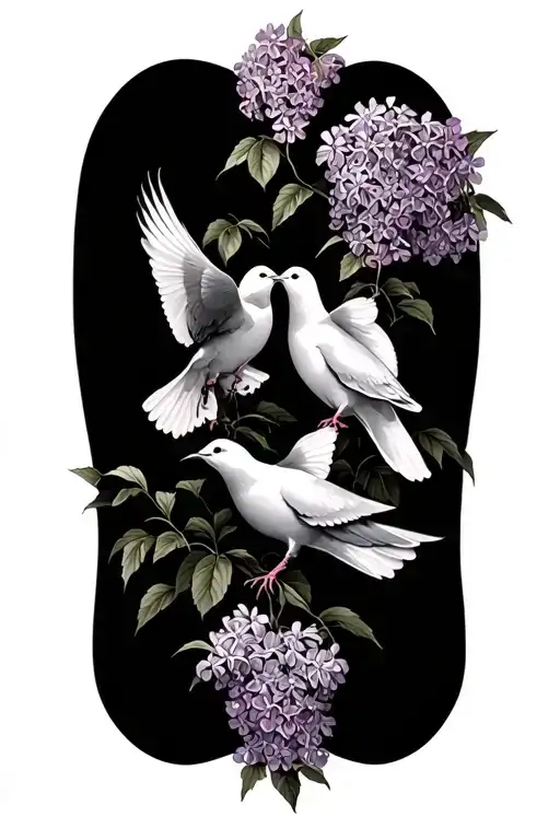 2 Doves Entwined With Lilacs