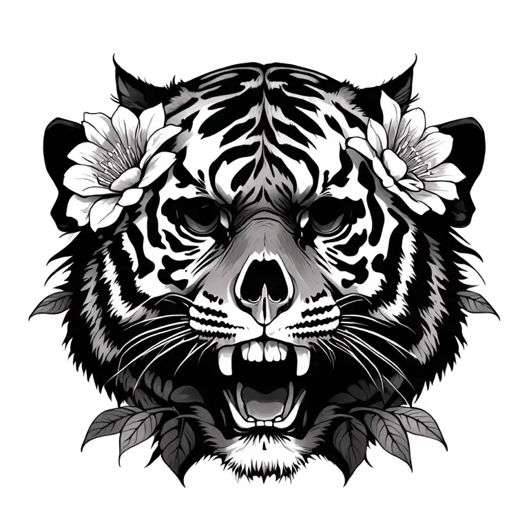 Skull With Tiger With Flowers