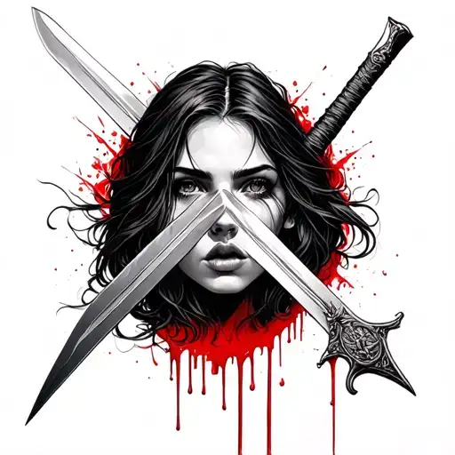 Sword Going Through A Woman's Face With Blood Around It