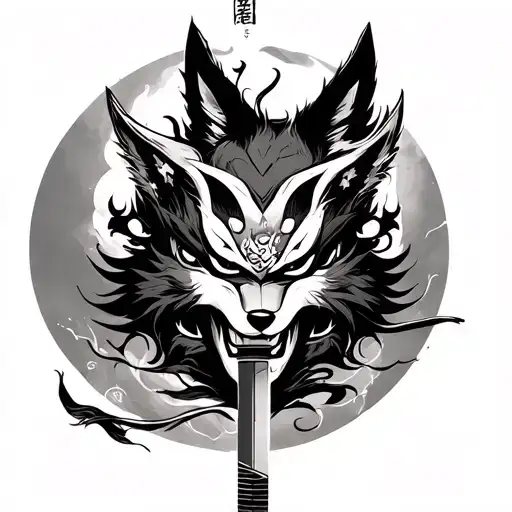 A Katana Slicing Through An Oni And Kitsune Masks Leaving A Style Sumi E Trail
