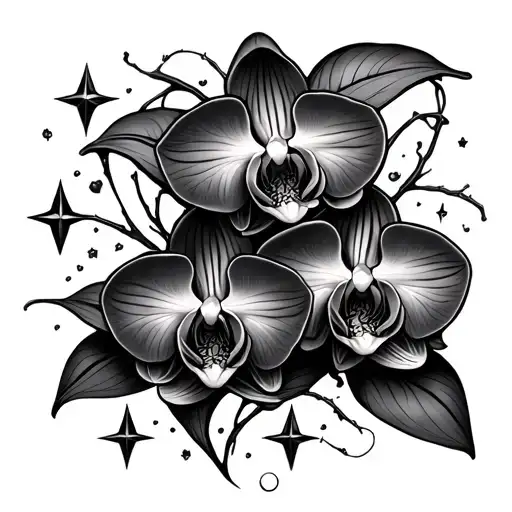 Tattoo Of Two Orchids On A Vine Surrounded By Stars
