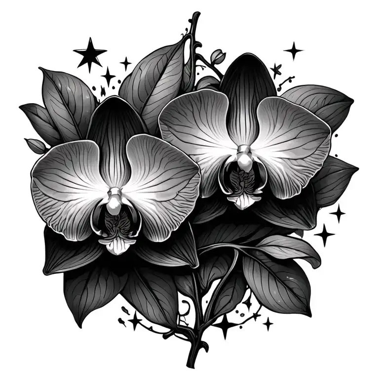 Tattoo Of Two Orchids On A Vine Surrounded By Stars