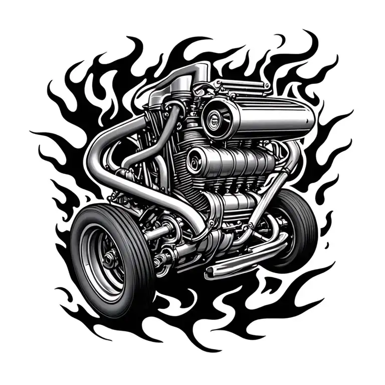 Dragster Engine Surrounded By Flames