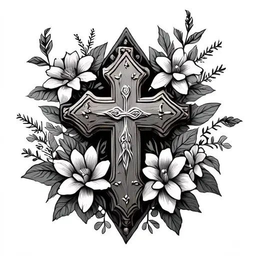 Wodden Cross With Flowers At The Base