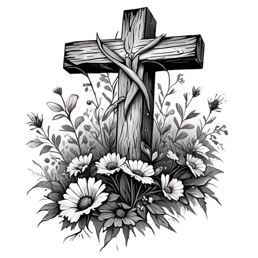 Rustic Wooden Cross With Wildflowers At The Base