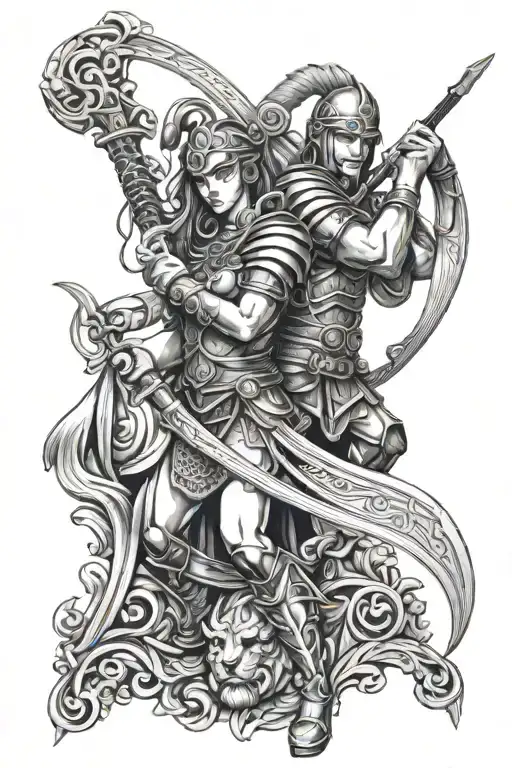 Male And Female Warriors With Sword And Harp