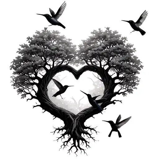 A Tree With No Leaves With Roots Forming A Heart With Hummingbirds
