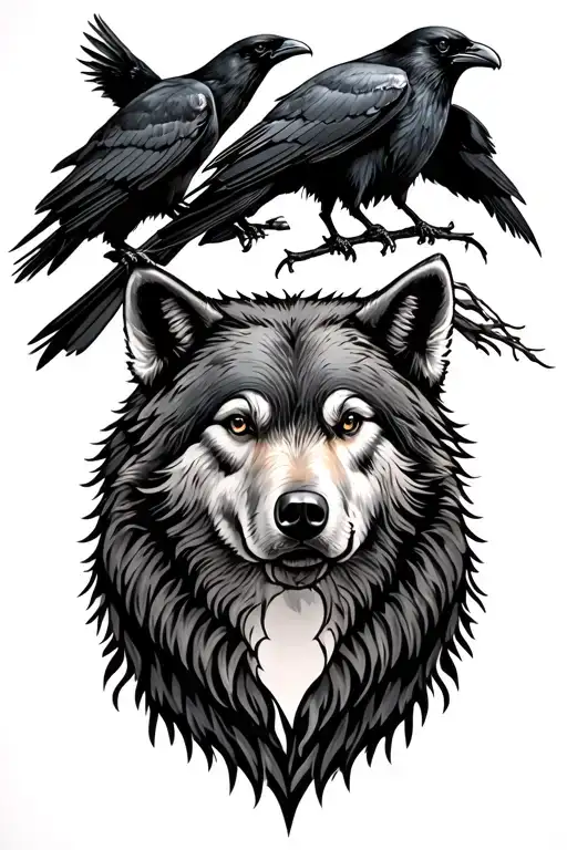Bear And Wolf Tattoo With Two Raven Perched