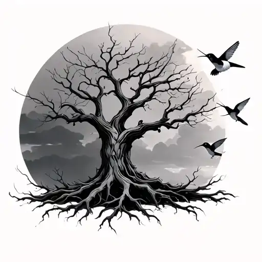 A Tree With No Leaves With Roots With Hummingbirds