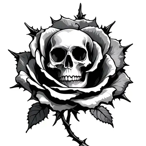 Small Skull Inside A Large Rose With Thorns