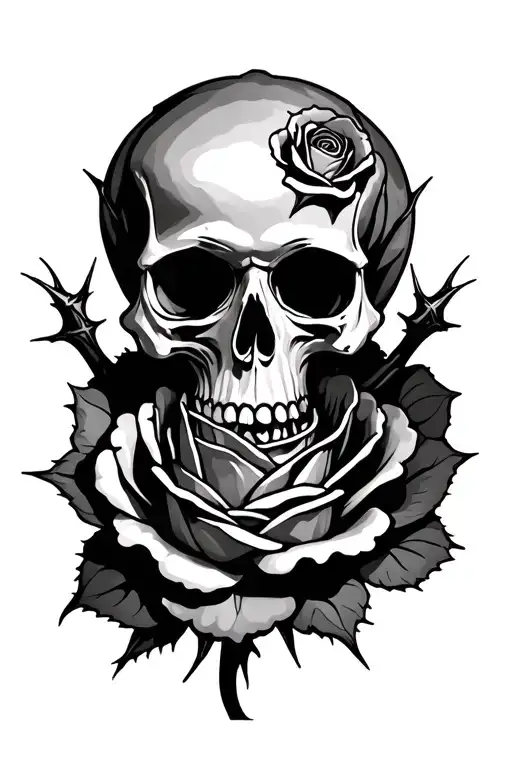 Small Skull Inside A Large Rose With Thorns