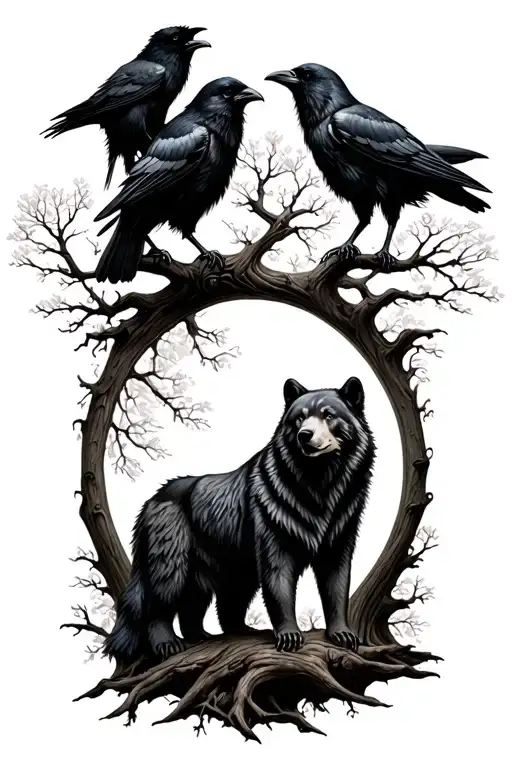 Bear And Wolf At Tree Of Life With Two Raven Perched