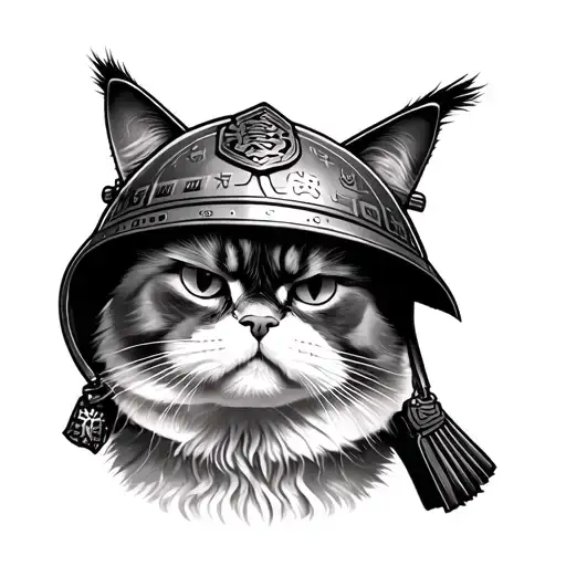 Head Of A Grumpy Persian Cat Wearing A Samurai Helmet