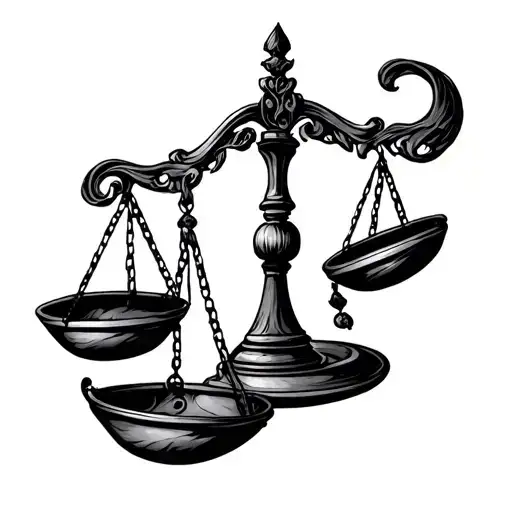 Black And Gray Tattoo Of A Scale Tilted And Above It In Script Written In My Favor