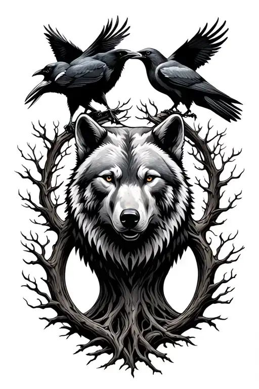 A Bear Head And A Wolf Head Encircled By The Tree Of Life With Two Raven Perched On Branches