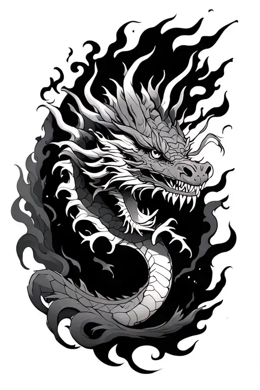 Asian Dragon With Clouds And Fire Flames