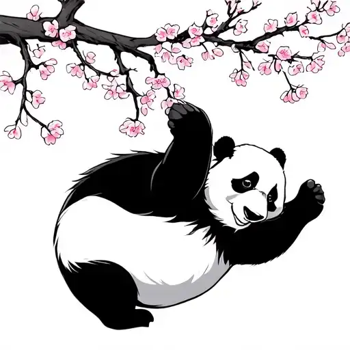 Giant Panda Falling Over Holding Cherry Blossom Branch In Cartoon Style