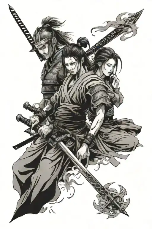 Male And Female Samurais With Sword And Harp