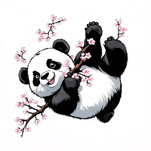 Simple Giant Panda Falling Over Holding Cherry Blossom Branch In Cartoon Style