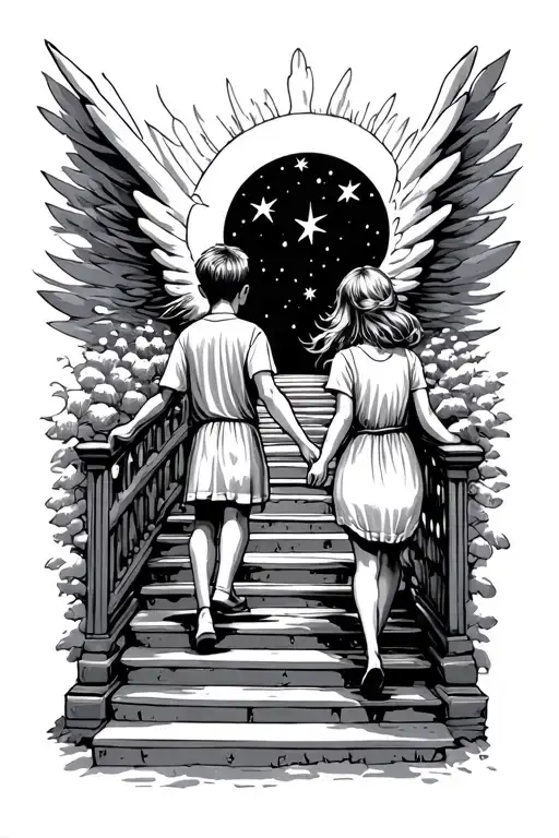 Boy And Girl Walking Up The Stairs Going Into Heaven