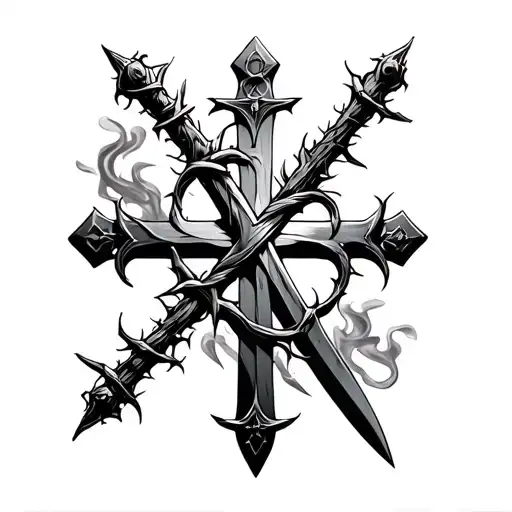 Orthodox Cross Wrapped With Thorns With A Sword And A Smoke Like Effect In The Background