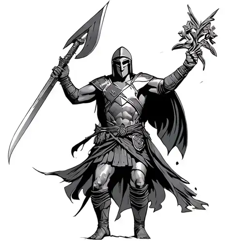 Spartan Warrior Holding Shild Stras In The Air Shin Tatto