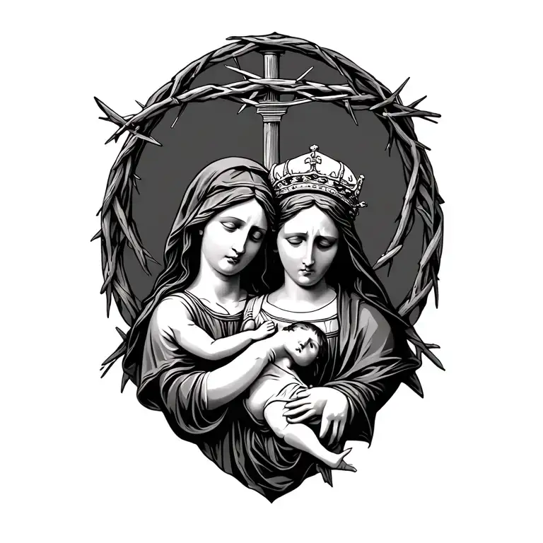 Virgin Marys Back To Back One Holding Baby Jesus The Other Crying Holding A Crown Of Thorns