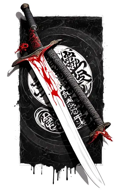 Long Katana With Blood On It With Chinese Symbols In It