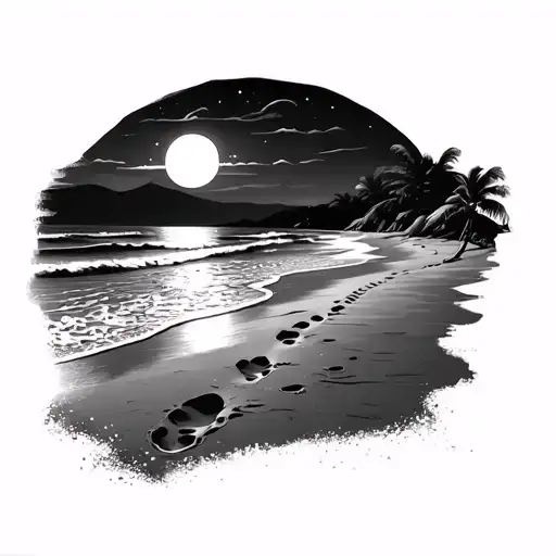 Beach At Night Time With Footprints In The Sand