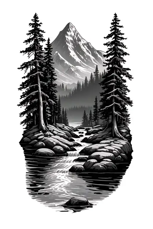 Forest With River Flowing And Mountain In Background