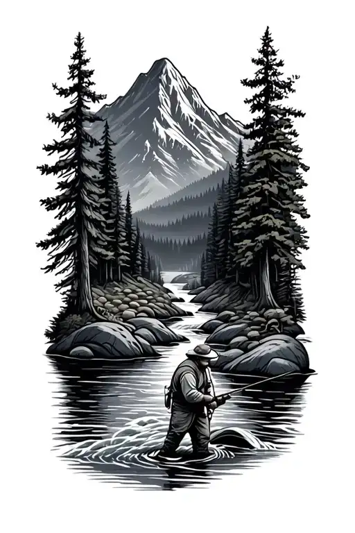 Forest With River Flowing And Mountain In Background Man Fly Fishing At River