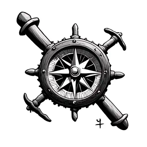 Pirate Compass Merged With A Galleon Wheel Surrounded