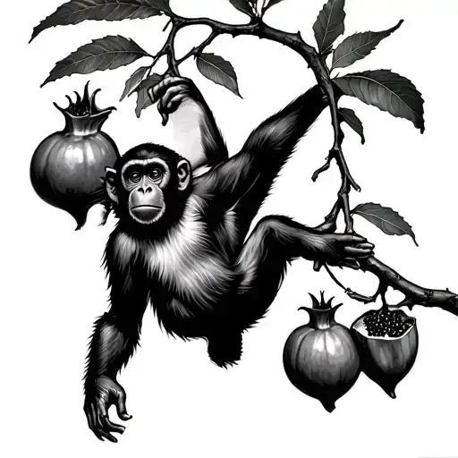 Monkey Hanging From Pomegranate Branch