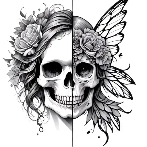 Half A Skull And Half Fairy With Fine Lines